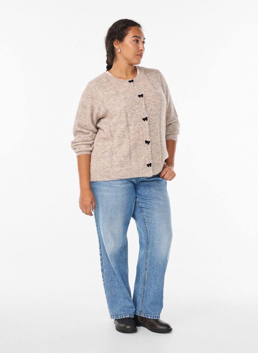 Cardigan met strikknopen en opengewerkt patroon, Beige, Model image number 1