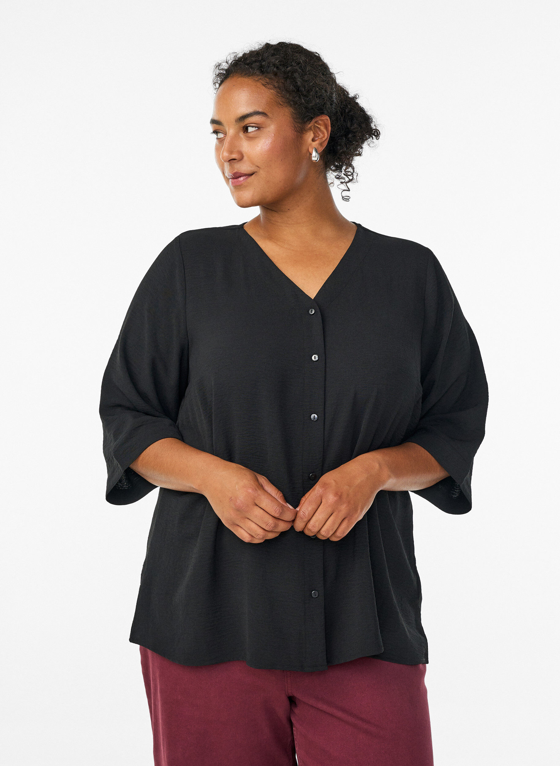 Shirtblouse met V-hals en 3/4 mouwen, Zwart, Model