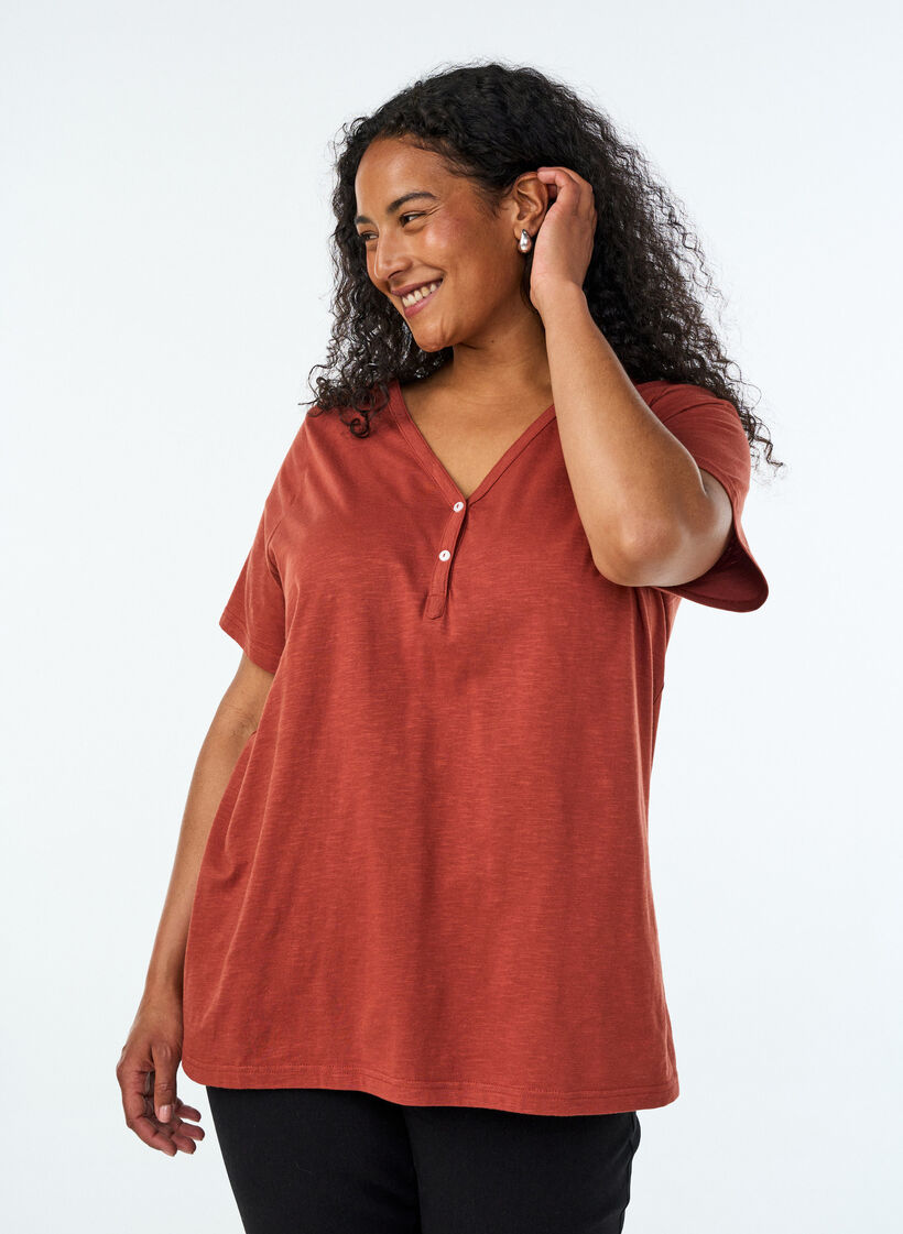 T-shirt met knoopdetail, Bruin, Model image number 0