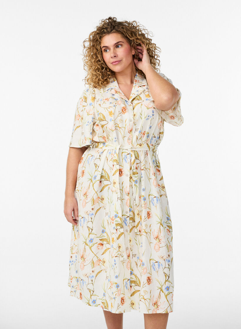 Robe chemise en lin et viscose avec une ceinture &agrave; nouer, Vanille, Model image number 0