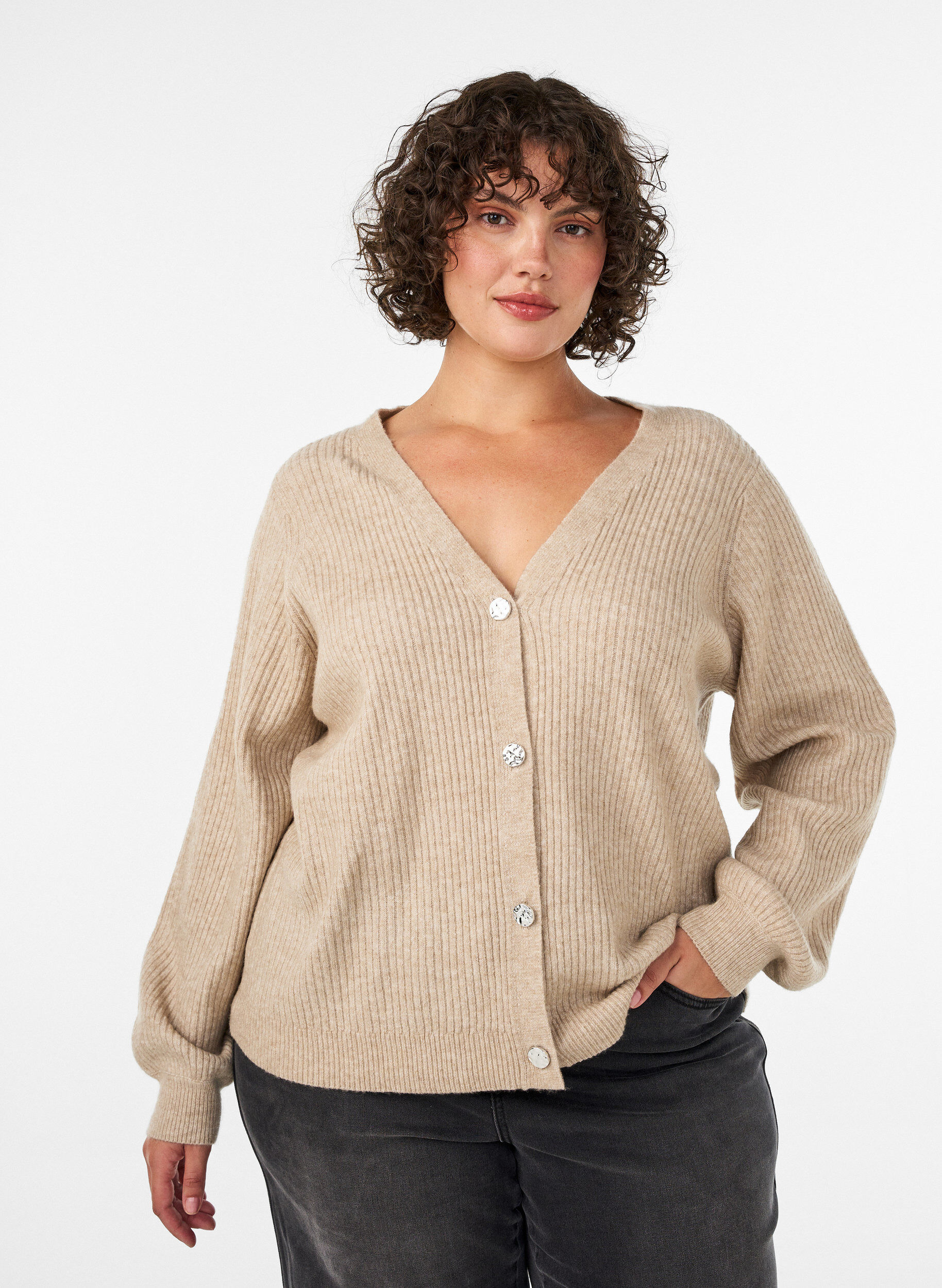 ZizziVest met V-hals en ribstructuur, Beige, Model image number 0