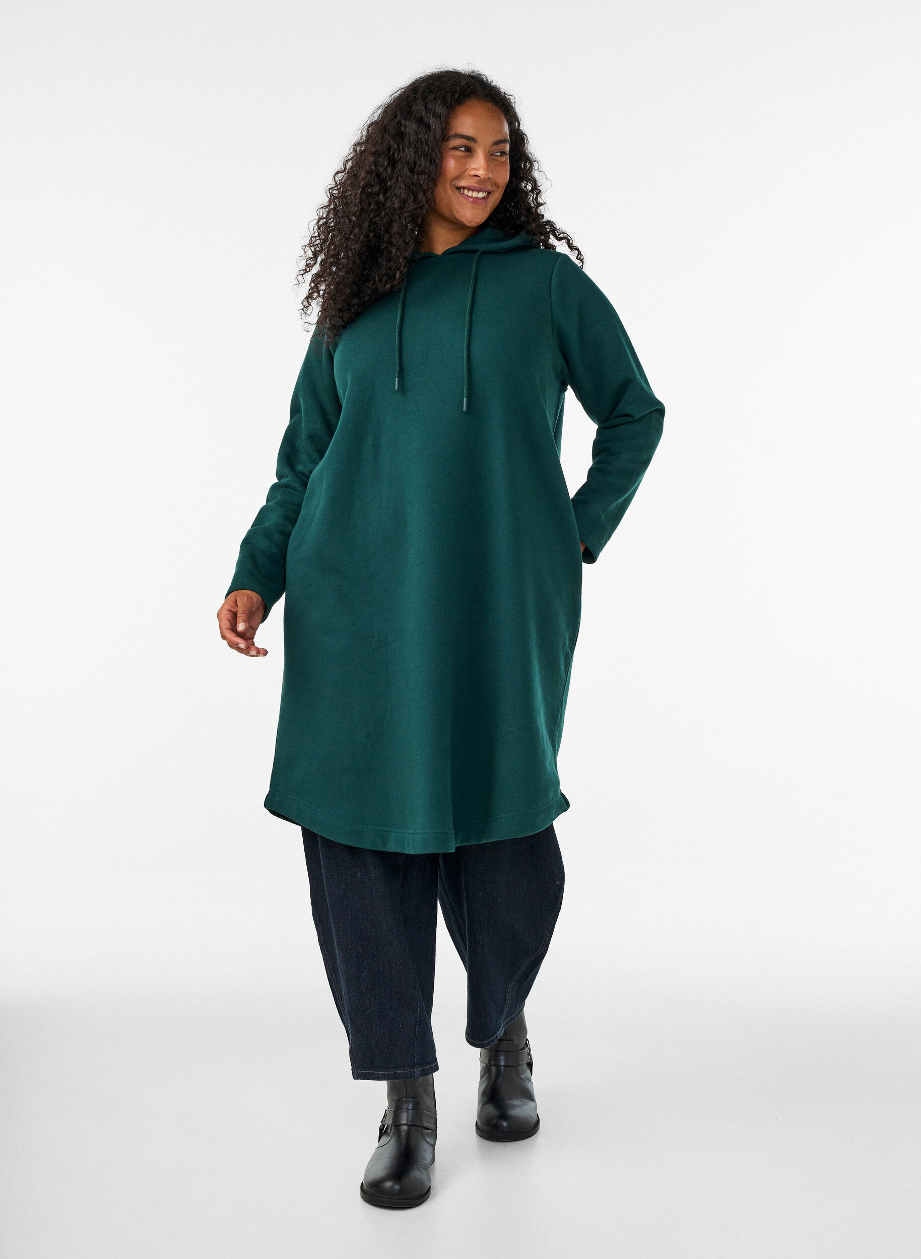 Sweatshirt jurk met capuchon en zakken, Groen, Model