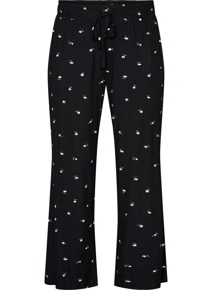 Pyjamabroek met geribde textuur en bloemenprint, Zwart, Packshot image number 0