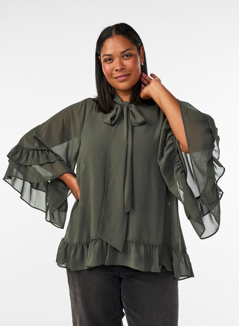 Blouse met striklint en ruches, Grijs, Model image number 0
