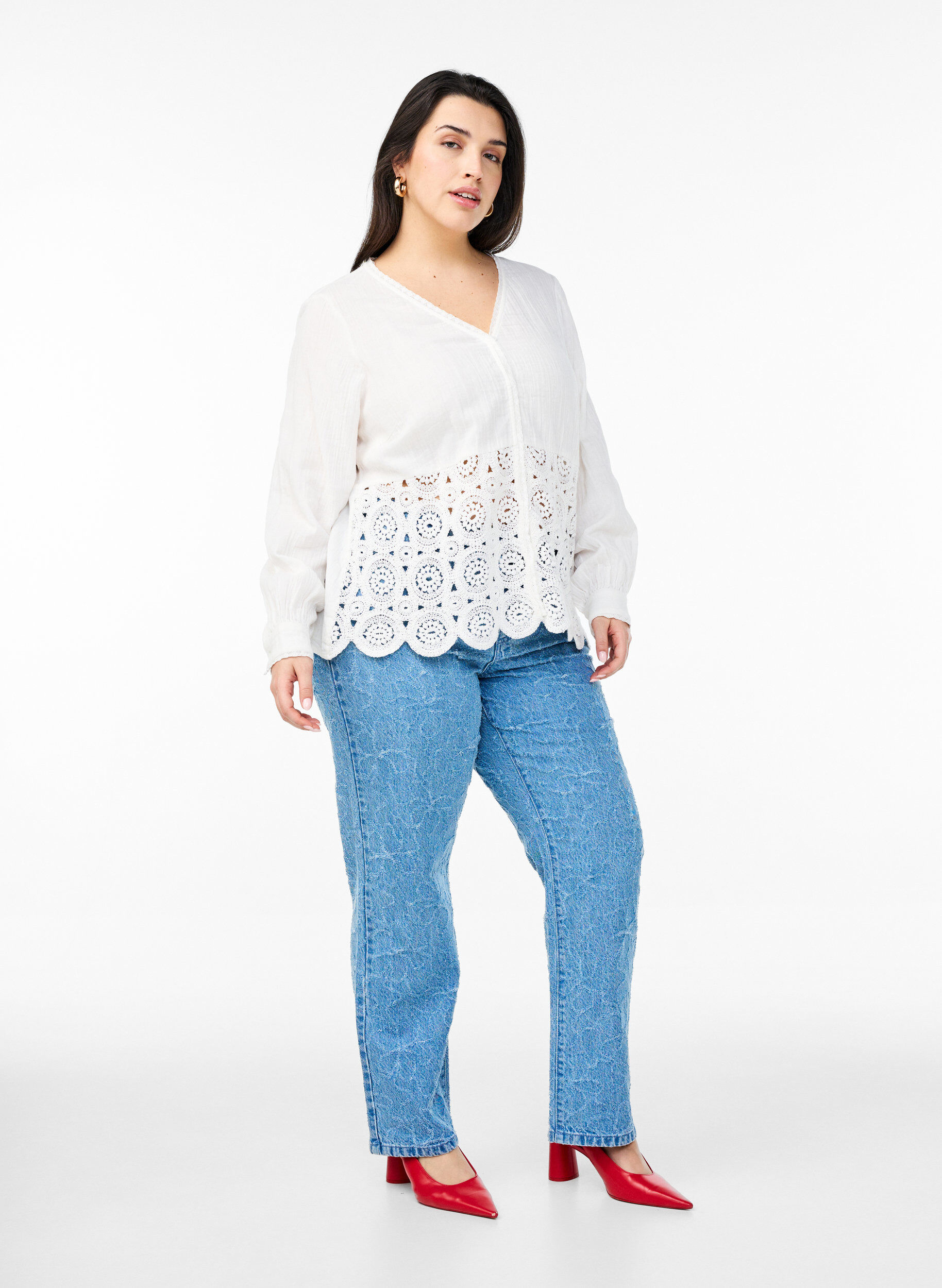 ZizziKatoenen mousseline blouse met haakdetails, Vanille, Model image number 1