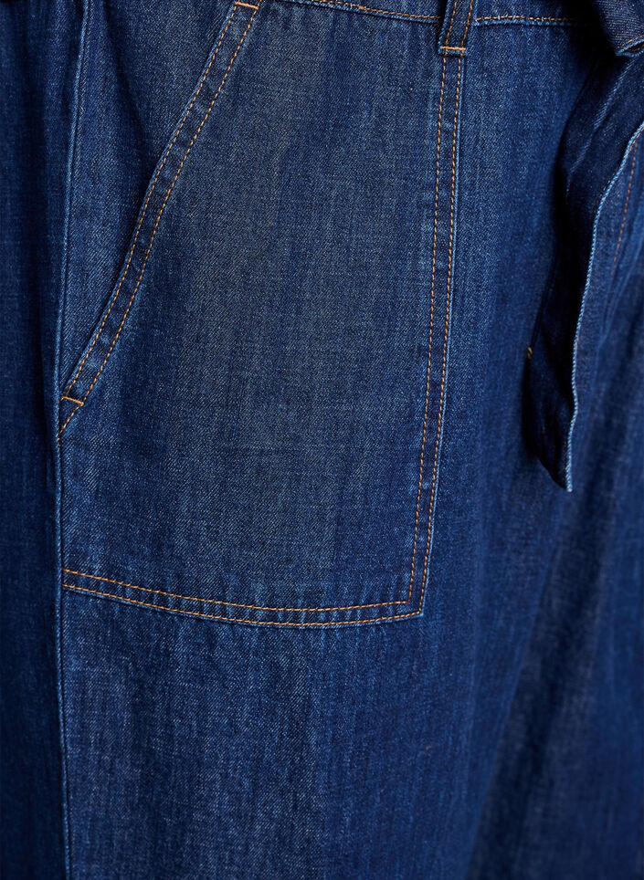 Denim jumpsuit met korte mouwen en een strikceintuur, Blauw, Packshot image number 3