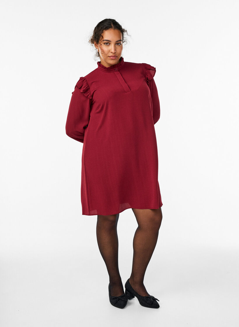 Kort jurkje met ruches en glitter, Donker Bordeaux, Model image number 1