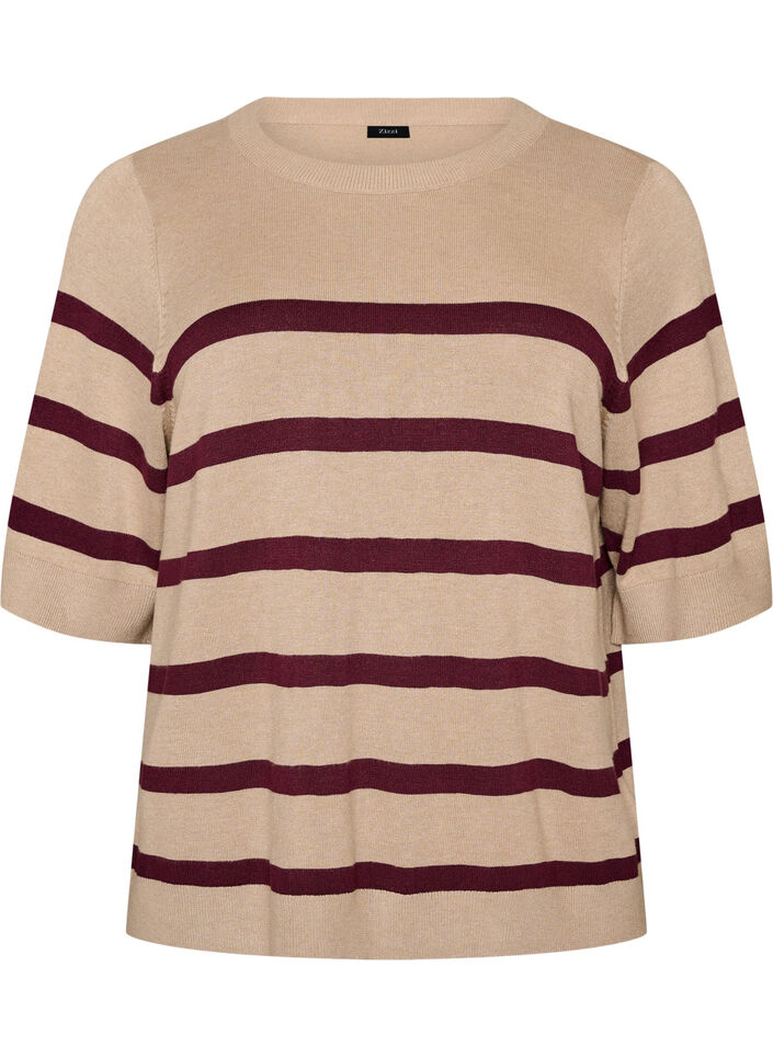 Gestreepte top met korte mouwen in breisel, Beige, Packshot image number 0