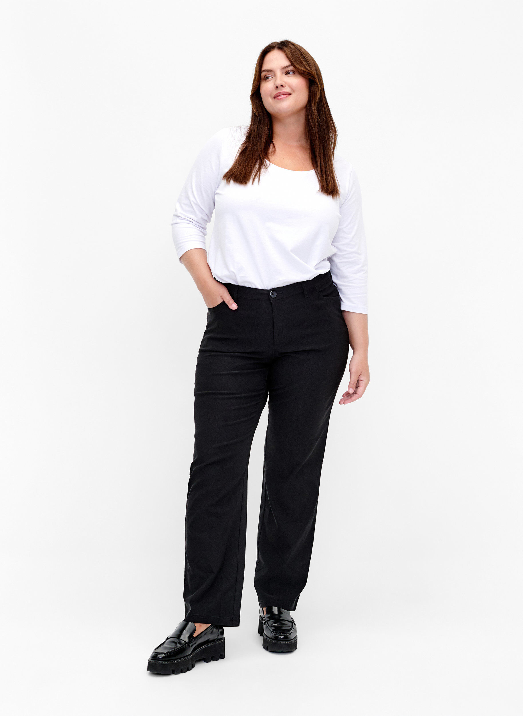 ZizziBasic katoenen t-shirt met 3/4 mouwen, Wit, Model image number 1