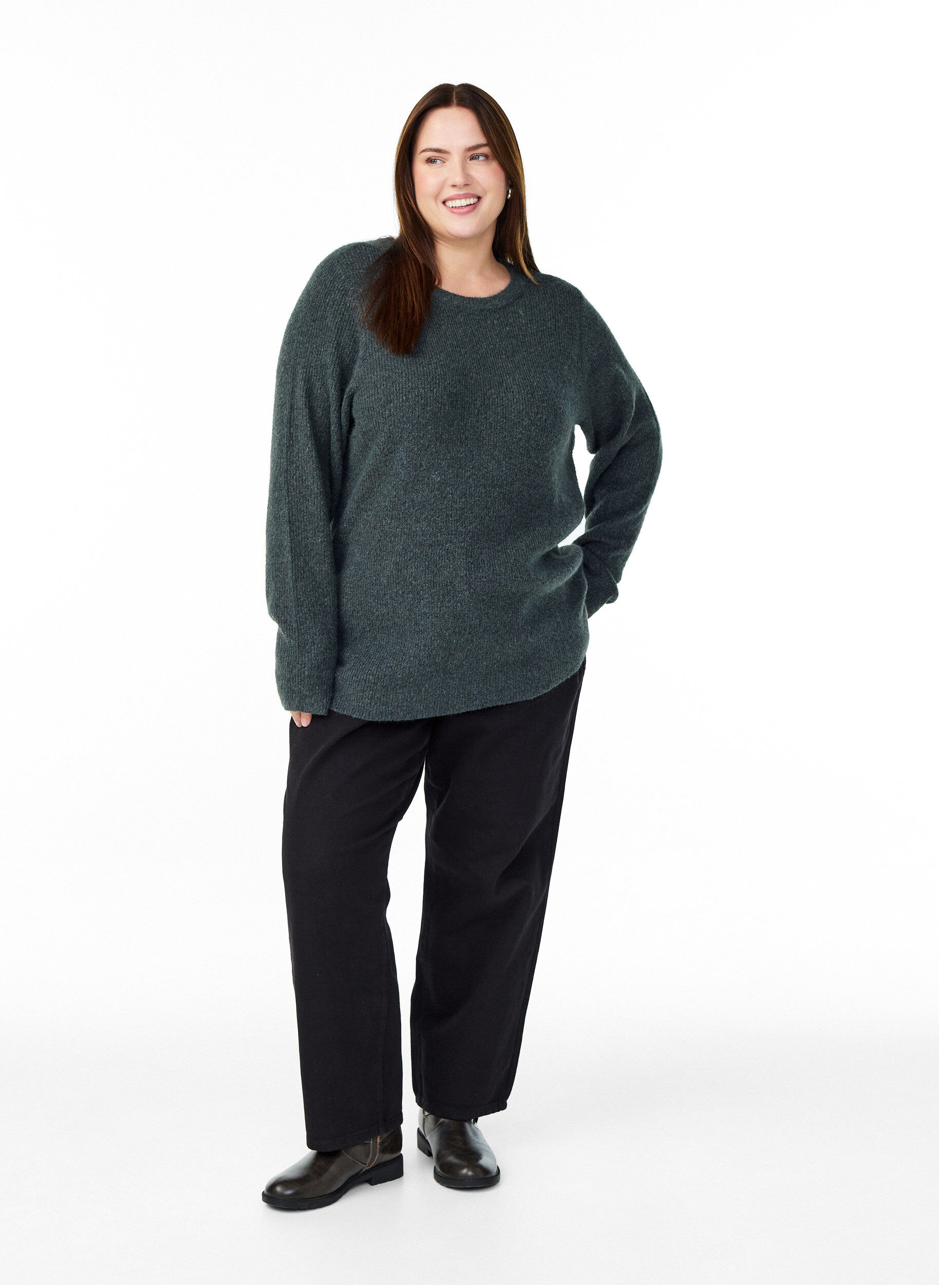 ZizziGem&ecirc;leerde gebreide blouse met ronde hals, Groen, Model image number 1