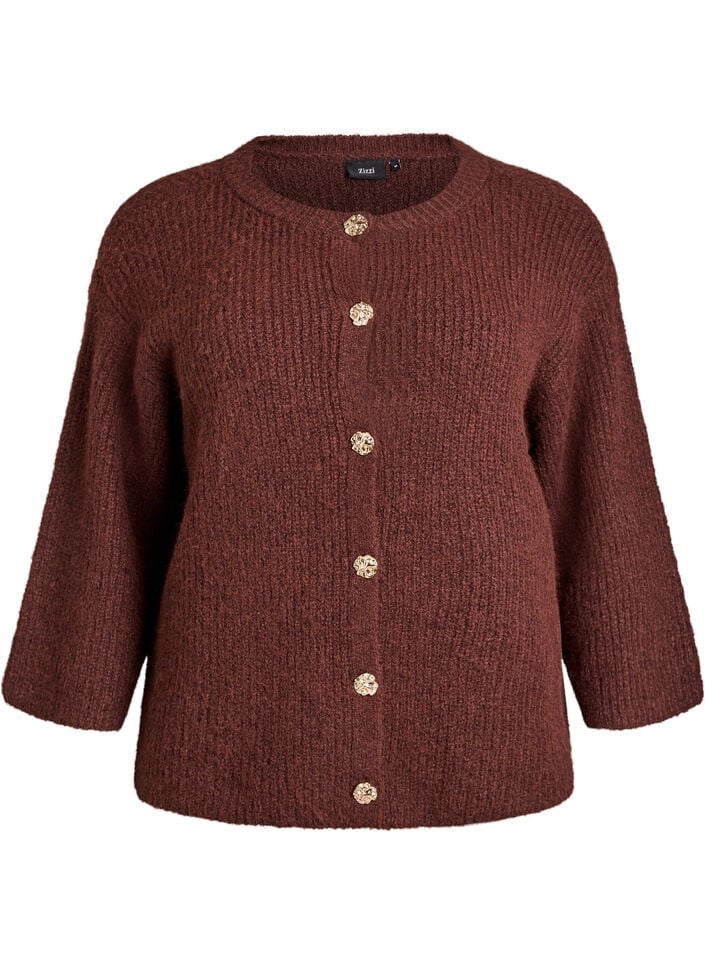 Korte cardigan met 3/4-mouwen en gouden textuur knopen, Brown Stone Mel., Packshot