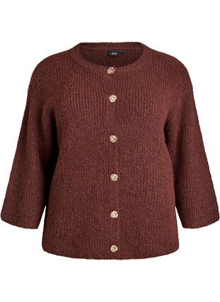 ZizziKorte cardigan met 3/4-mouwen en gouden textuur knopen, Brown Stone Mel., Packshot image number 0