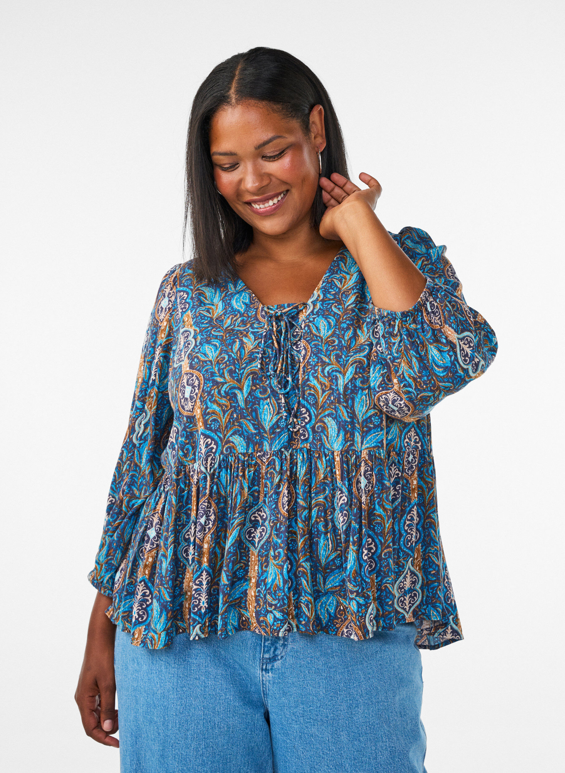 Blouse met paisleyprint en kanten detail, Blauw, Model