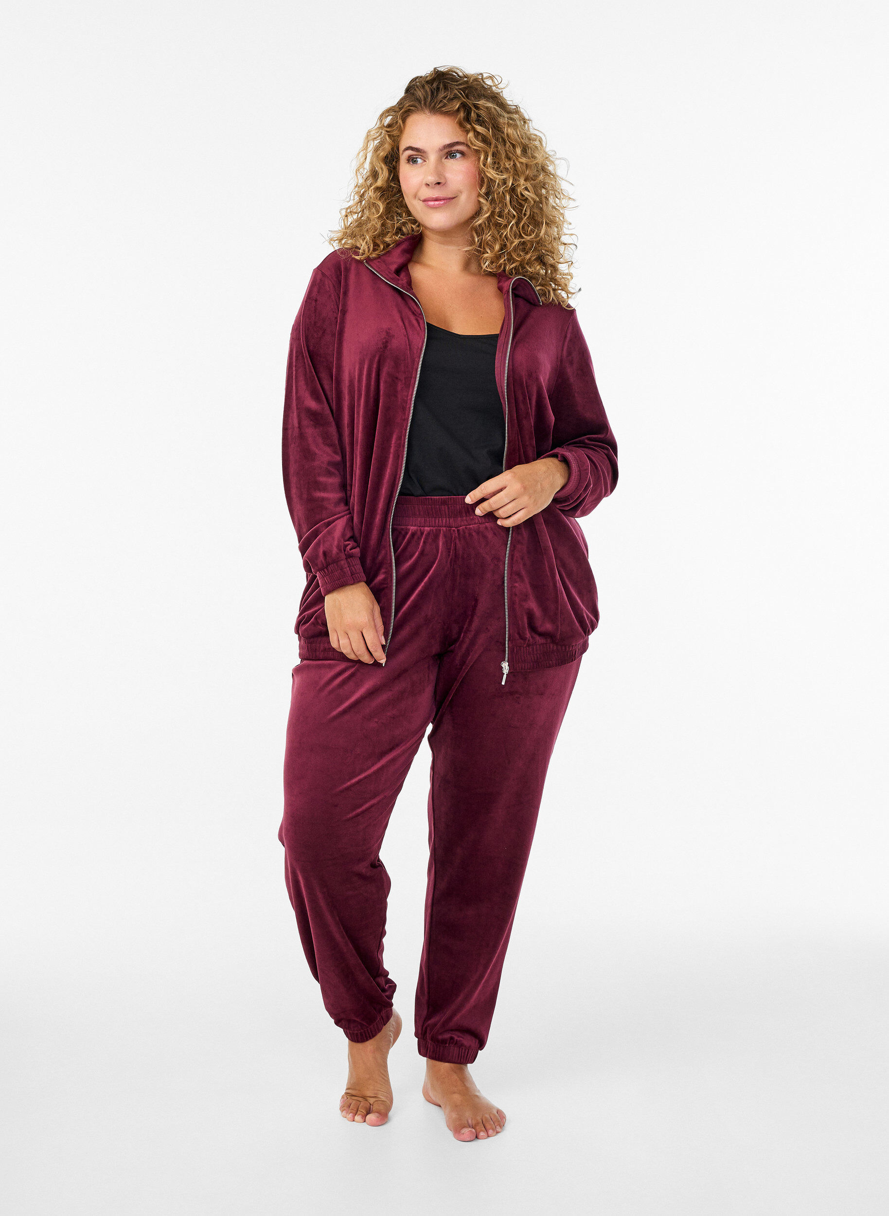 ZizziVelour cardigan met ritssluiting en hoge kraag, Donker Bordeaux, Model image number 1