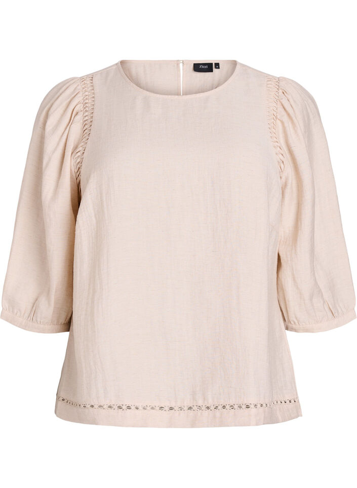 Viscosemix blouse met linnen en geplooide schouders, Oranje, Packshot image number 0