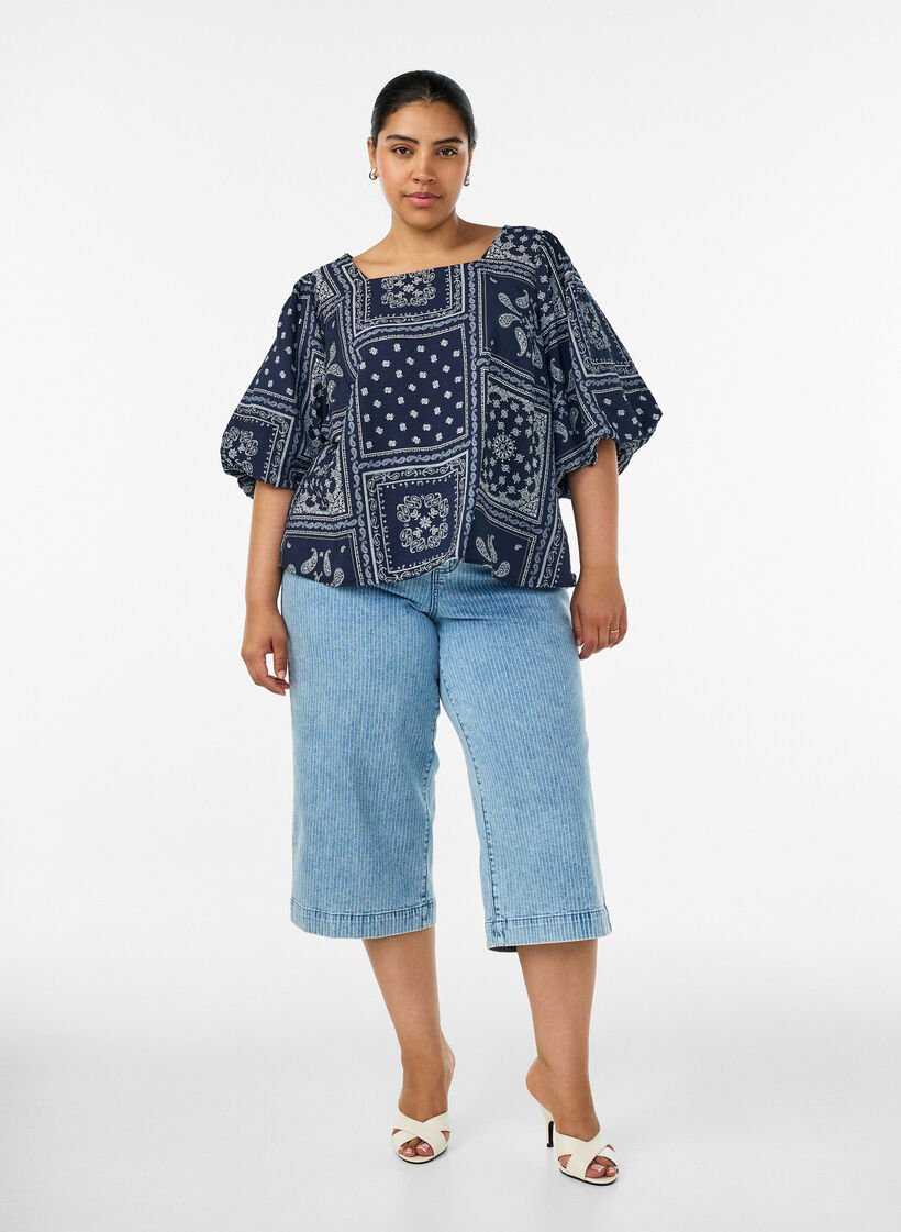 Viscose blouse met paisleymotief en ballonnenmouwen, Blauw, Model image number 1