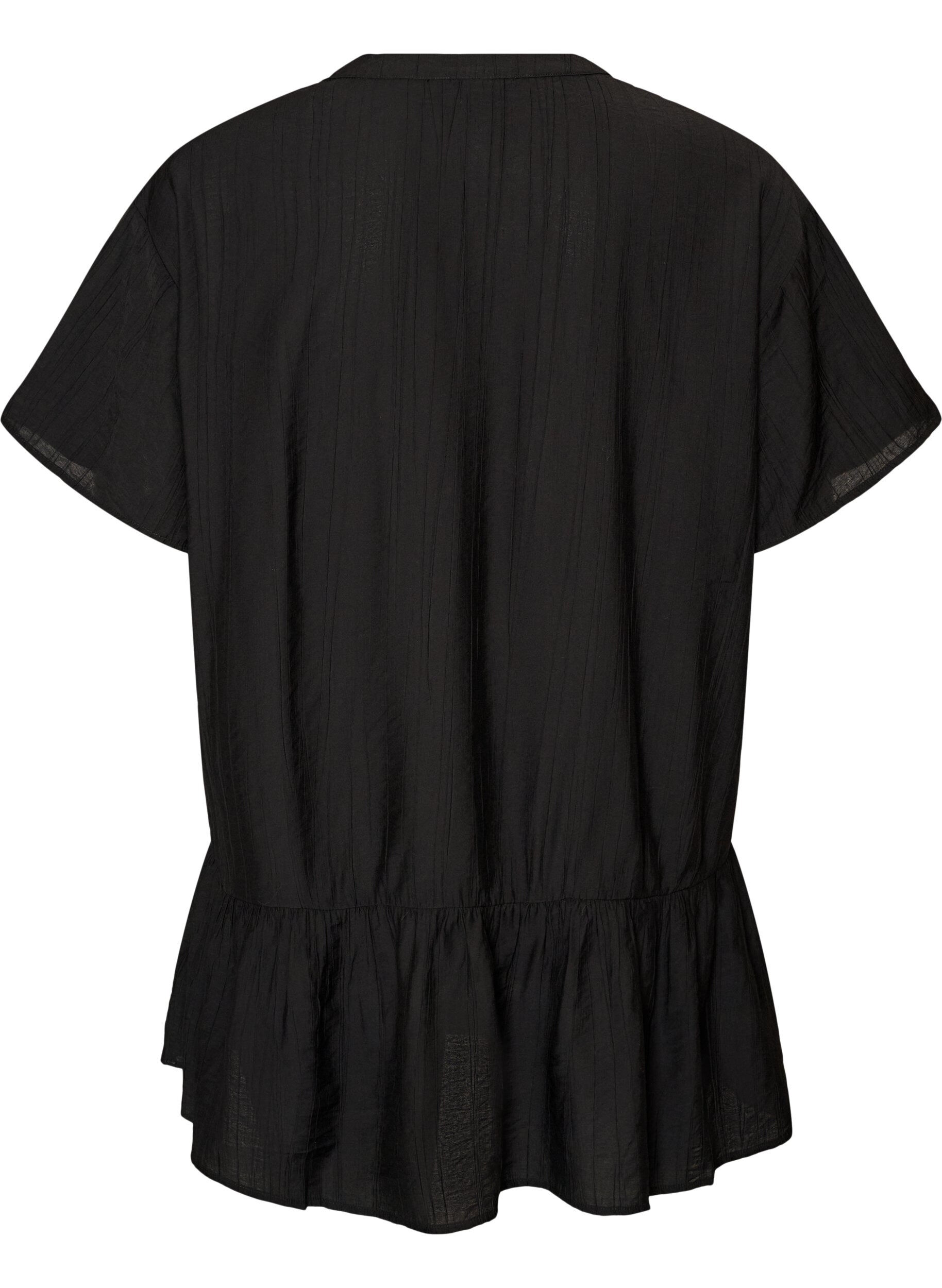 ZizziLosse tuniek met gekreukte structuur en rucherand, Zwart, Packshot image number 1