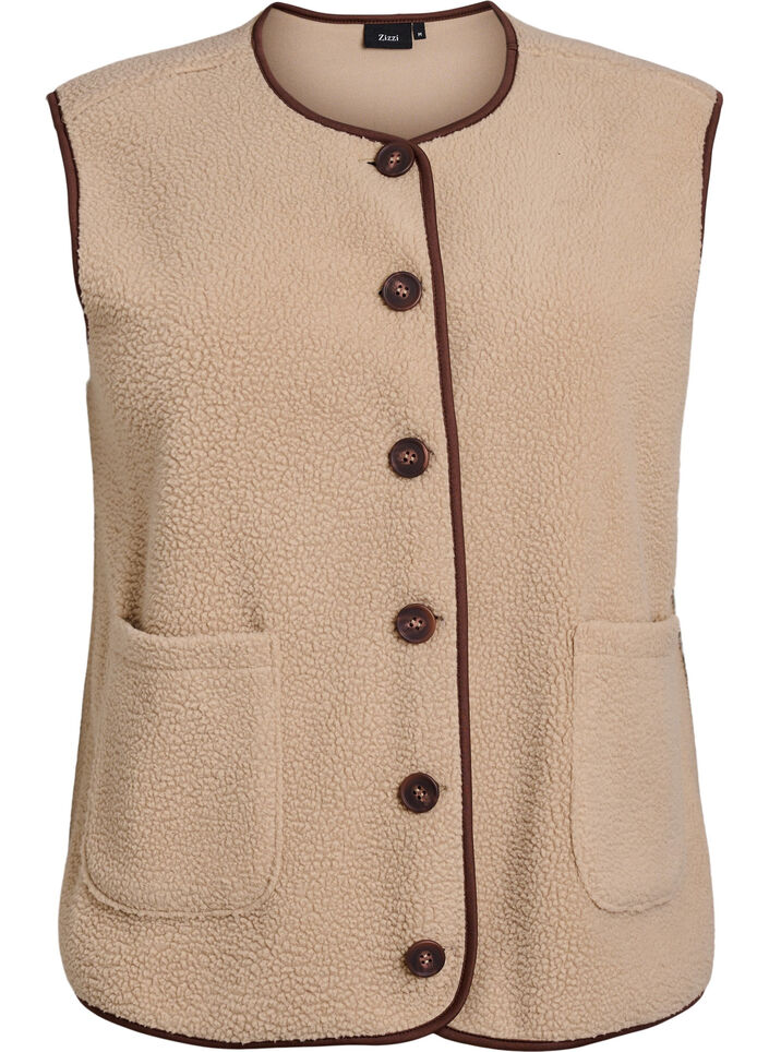 Teddy-fleecevest met contrasterende boorden, Beige, Packshot image number 0