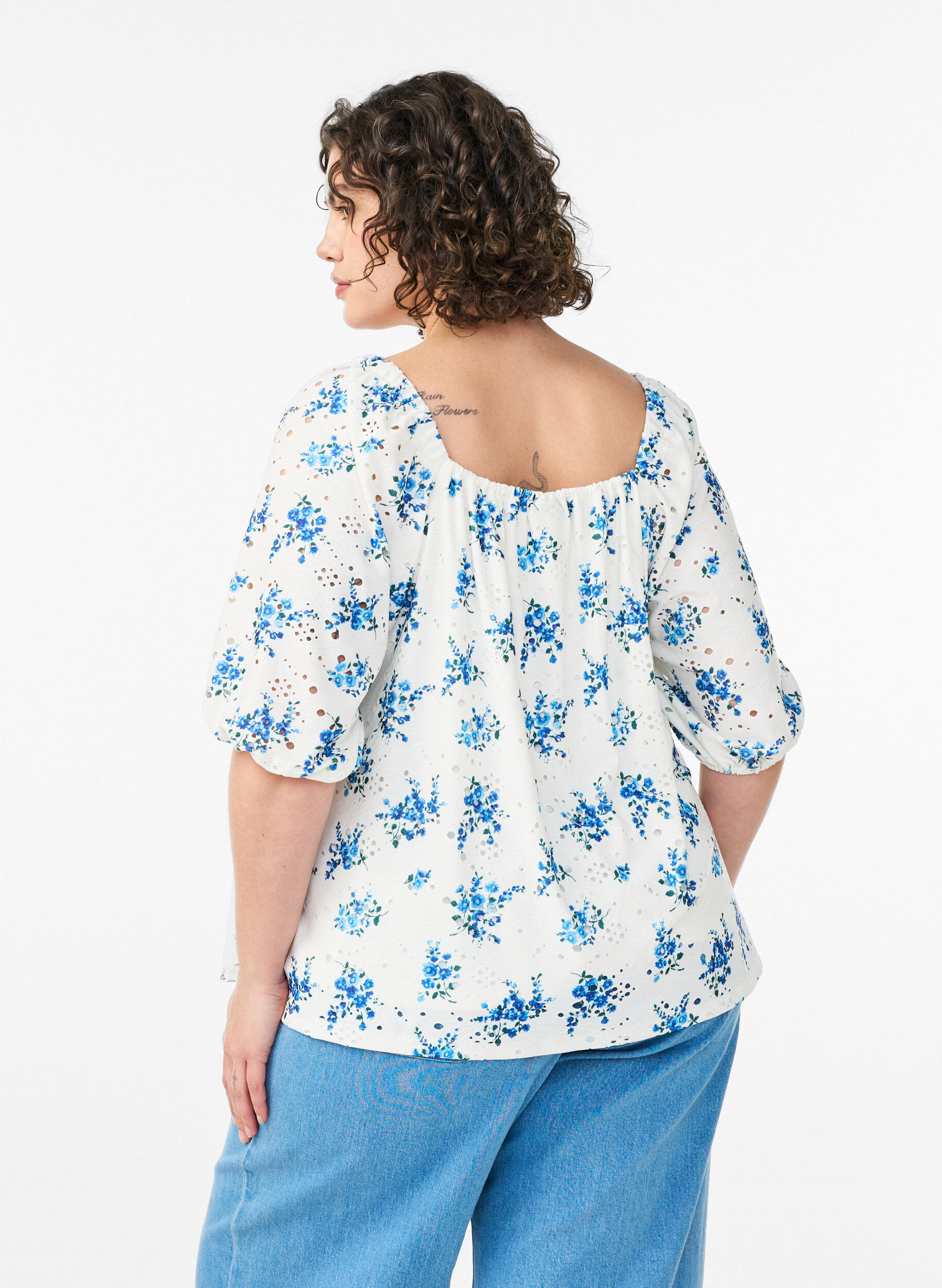 ZizziBloemenblouse met een vierkante halslijn en ajourborduursel, Wit, Model image number 2
