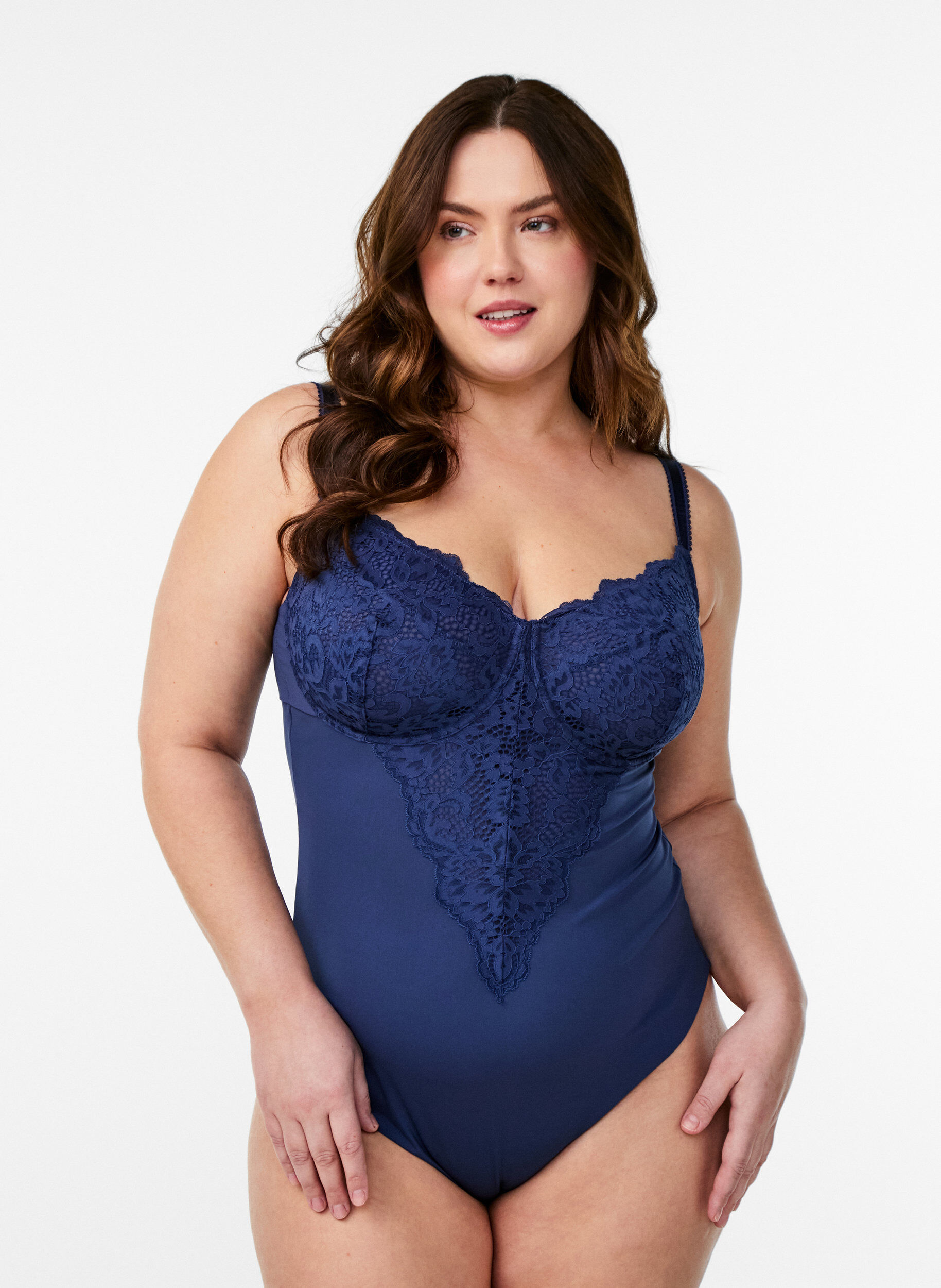 Bodystocking met beugels en kanten details, Blauw, Model