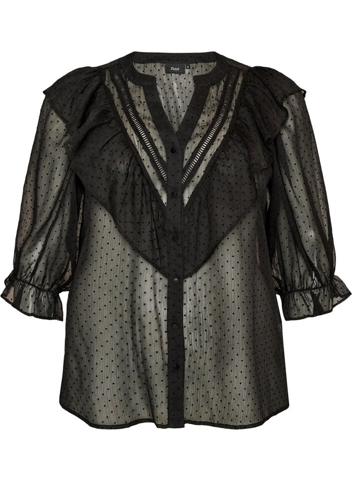 Transparante blouse met stippen en ruchesdetails, Zwart, Packshot image number 0