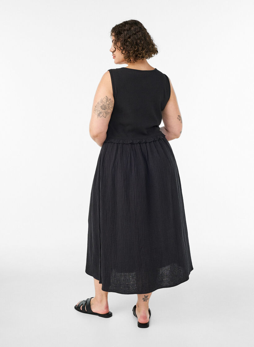 Mouwloze katoenen midi-jurk met rib en mousseline, Zwart, Model image number 1