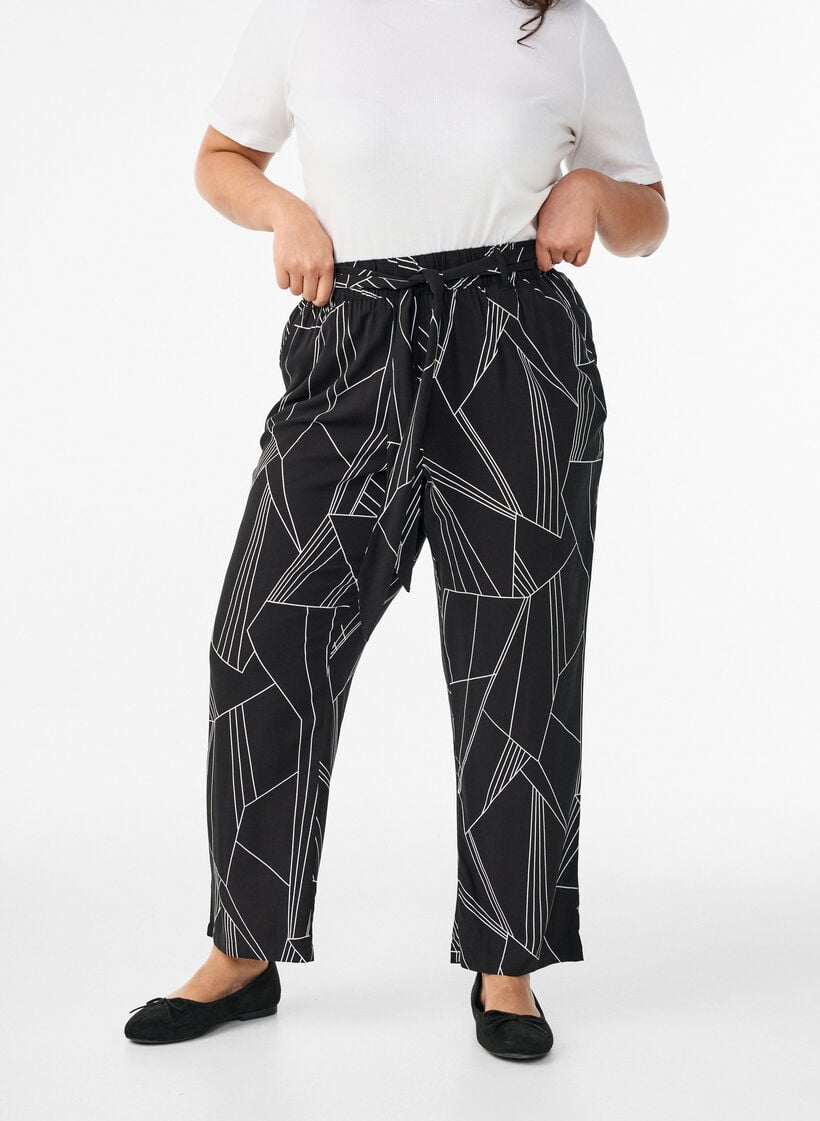 Viscose broek met hoge taille, Zwart, Model image number 2