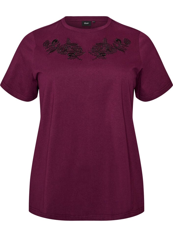 T-shirt met bloemenborduursel en strassteentjes, Paars, Packshot image number 0