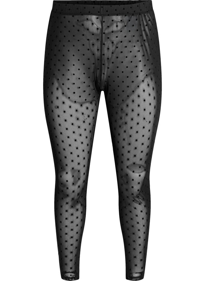 Mesh-leggings met velour stippen, Zwart, Packshot image number 0