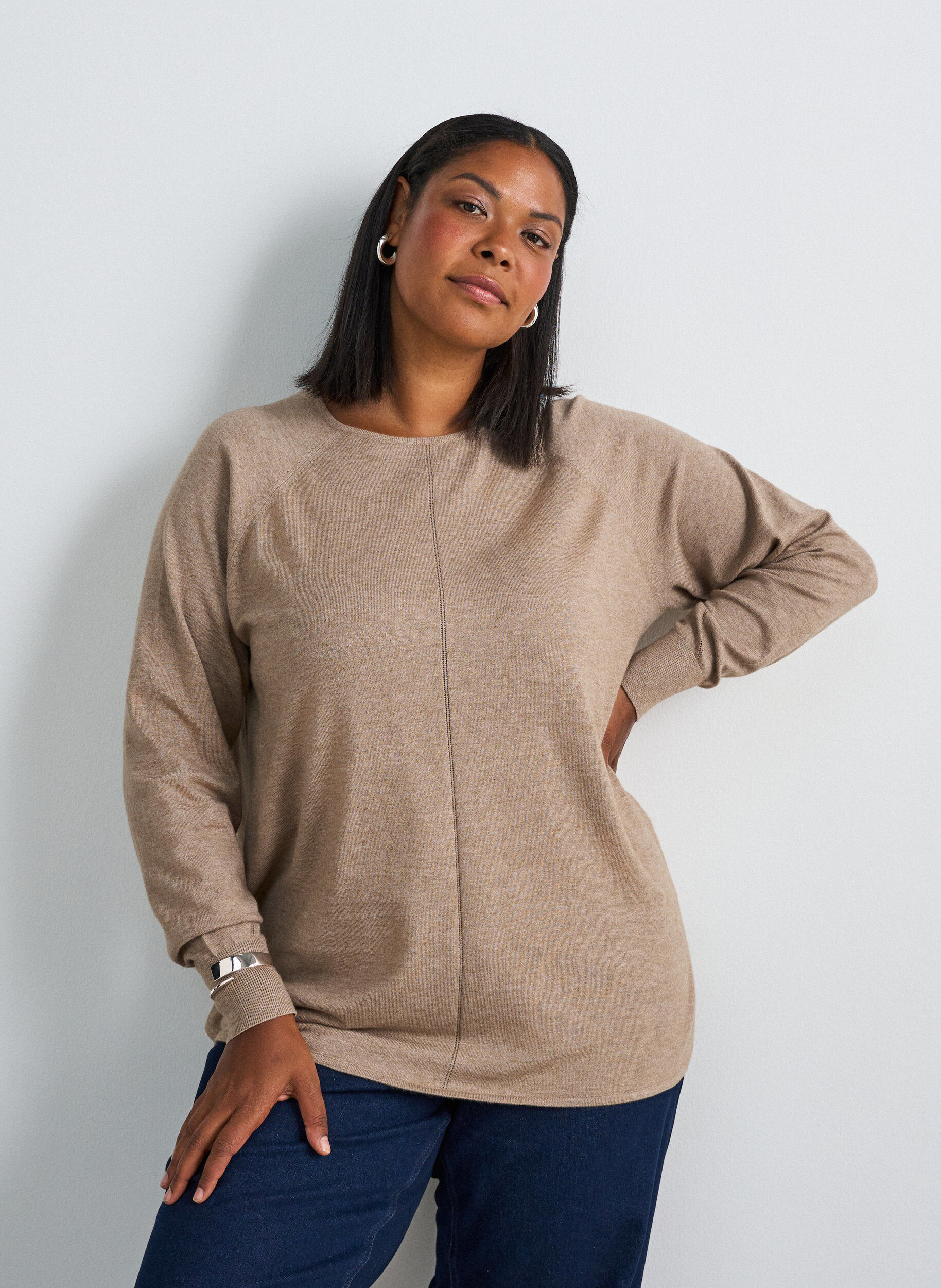 ZizziGebreide top met ronde hals en ingebreid patroon, Beige, Model image number 0