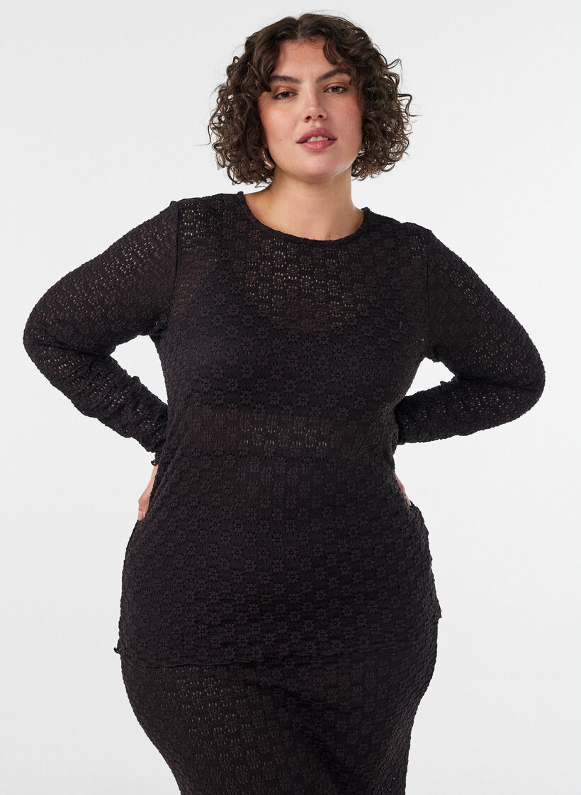 Blouse met ajourpatroon en lange mouwen, Zwart, Model image number 0