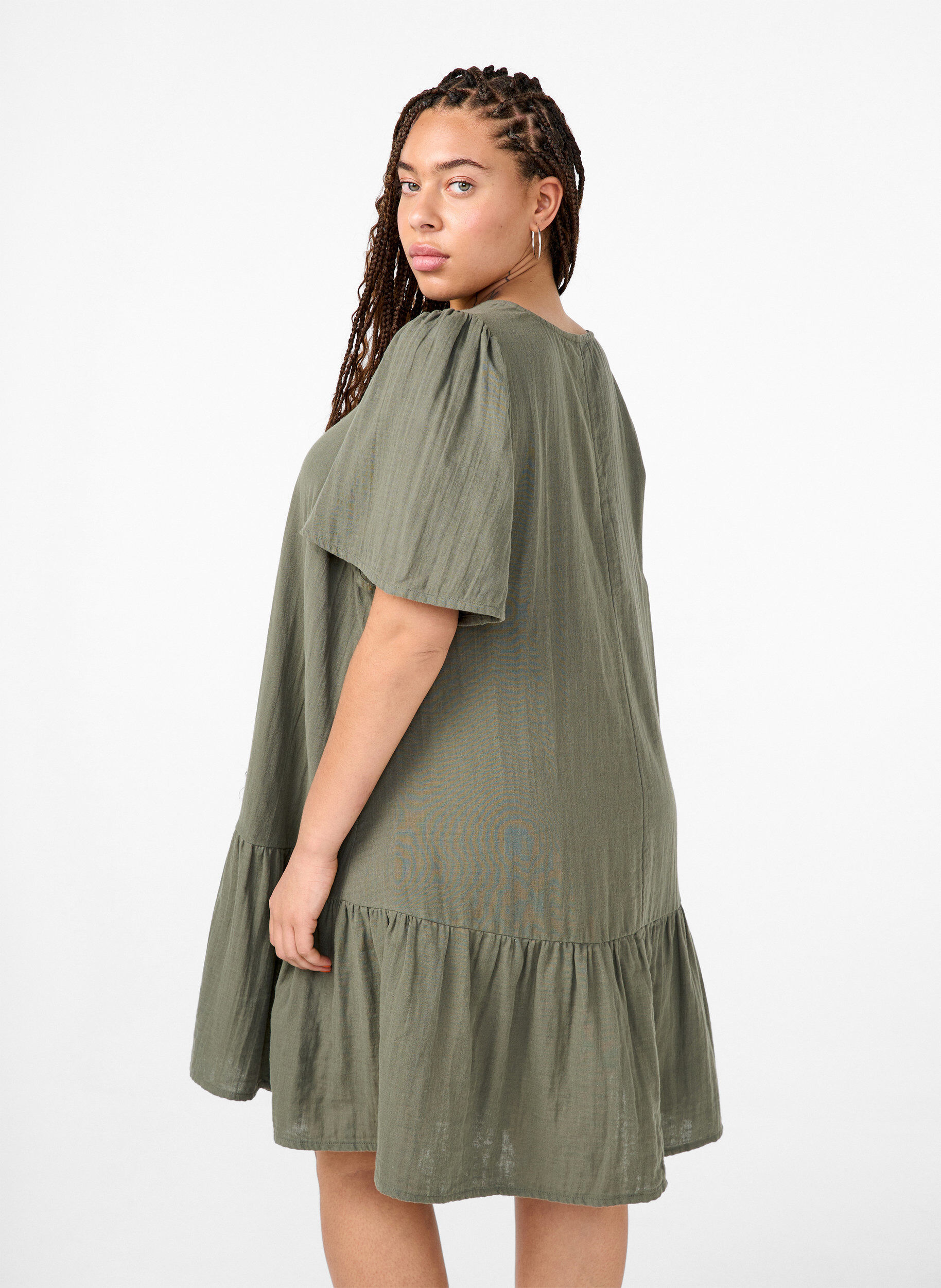 ZizziKatoenen jurk met korte mouwen en a-lijn snit, Groen, Model image number 2