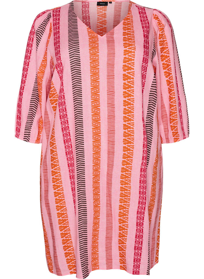 Korte jurk in linnen en viscose met 3/4 mouwen, Roze, Packshot image number 0