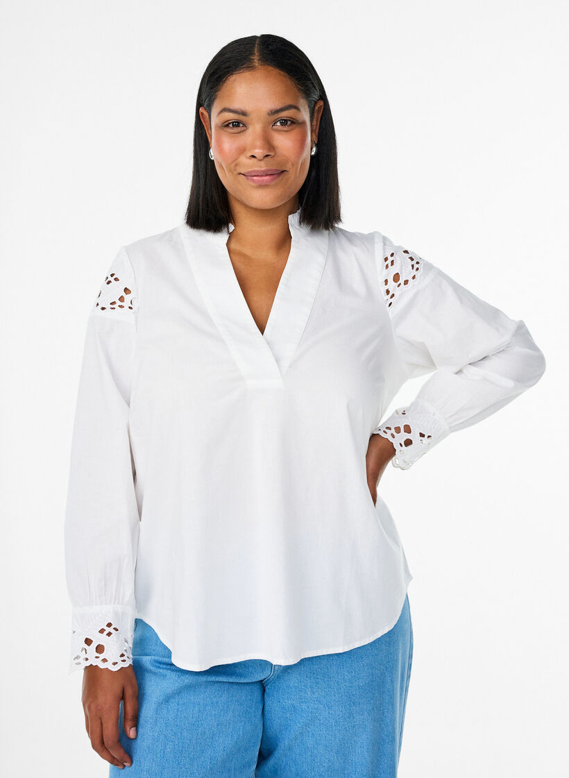 Blouse met V-hals en broderie anglaise details, Wit, Model
