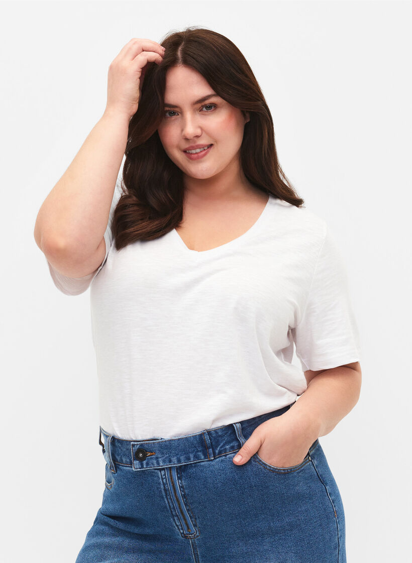 Basic t-shirt met korte mouwen en V-hals, Wit, Model image number 0