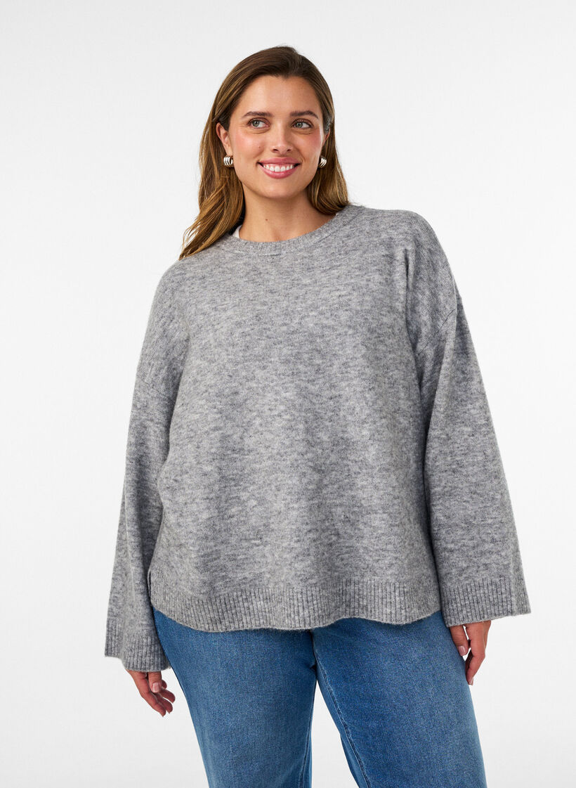 Losse gebreide blouse met alpaca en wol, Grijs, Model image number 0