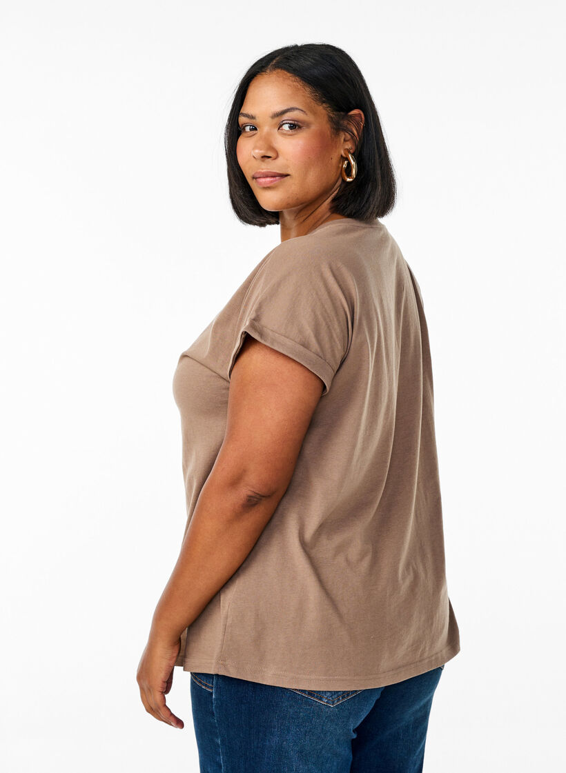 T-shirt met korte mouwen van katoenmix, Bruin, Model image number 2