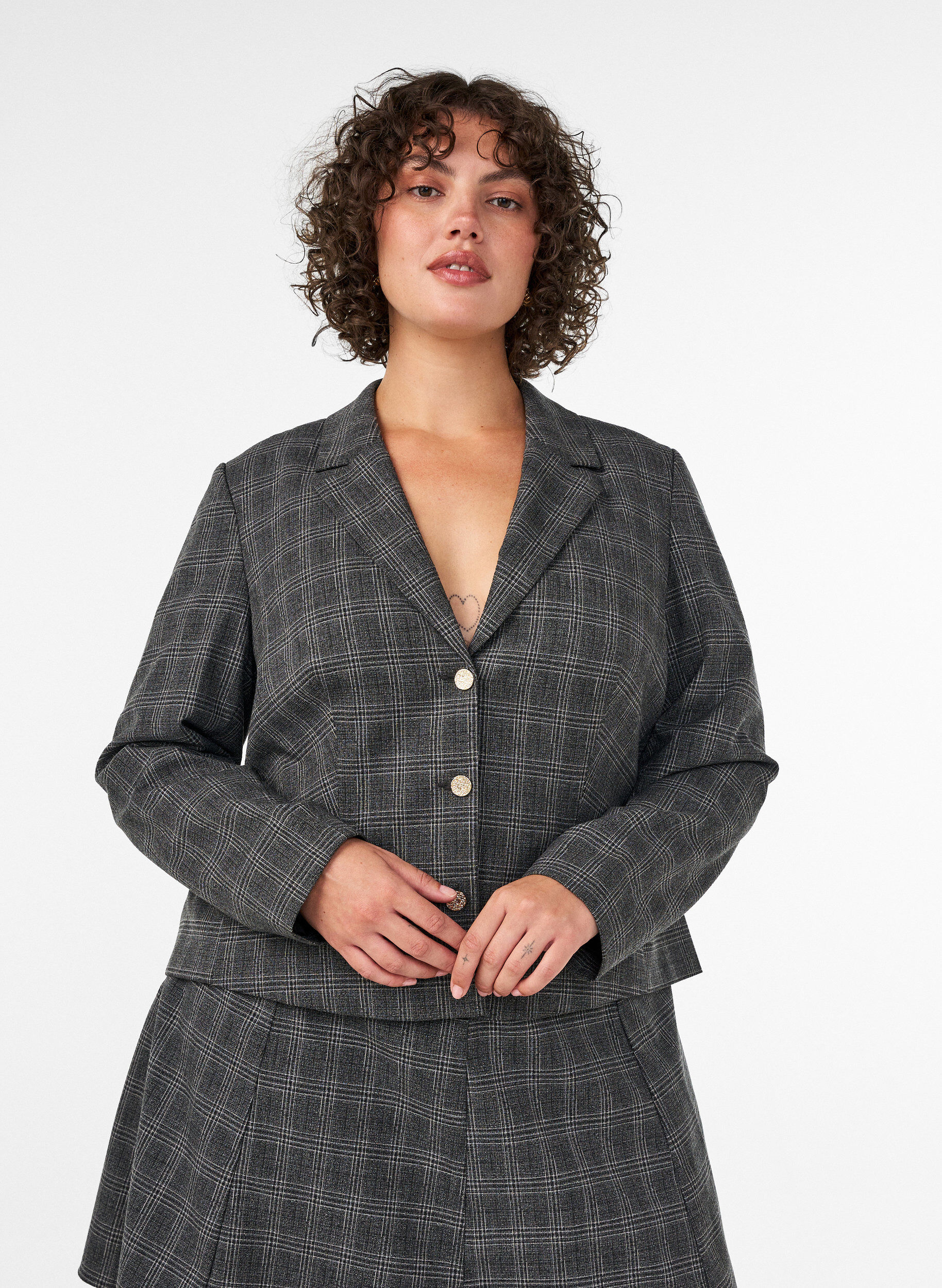 Korte blazer met een geruit patroon, Grijs, Model