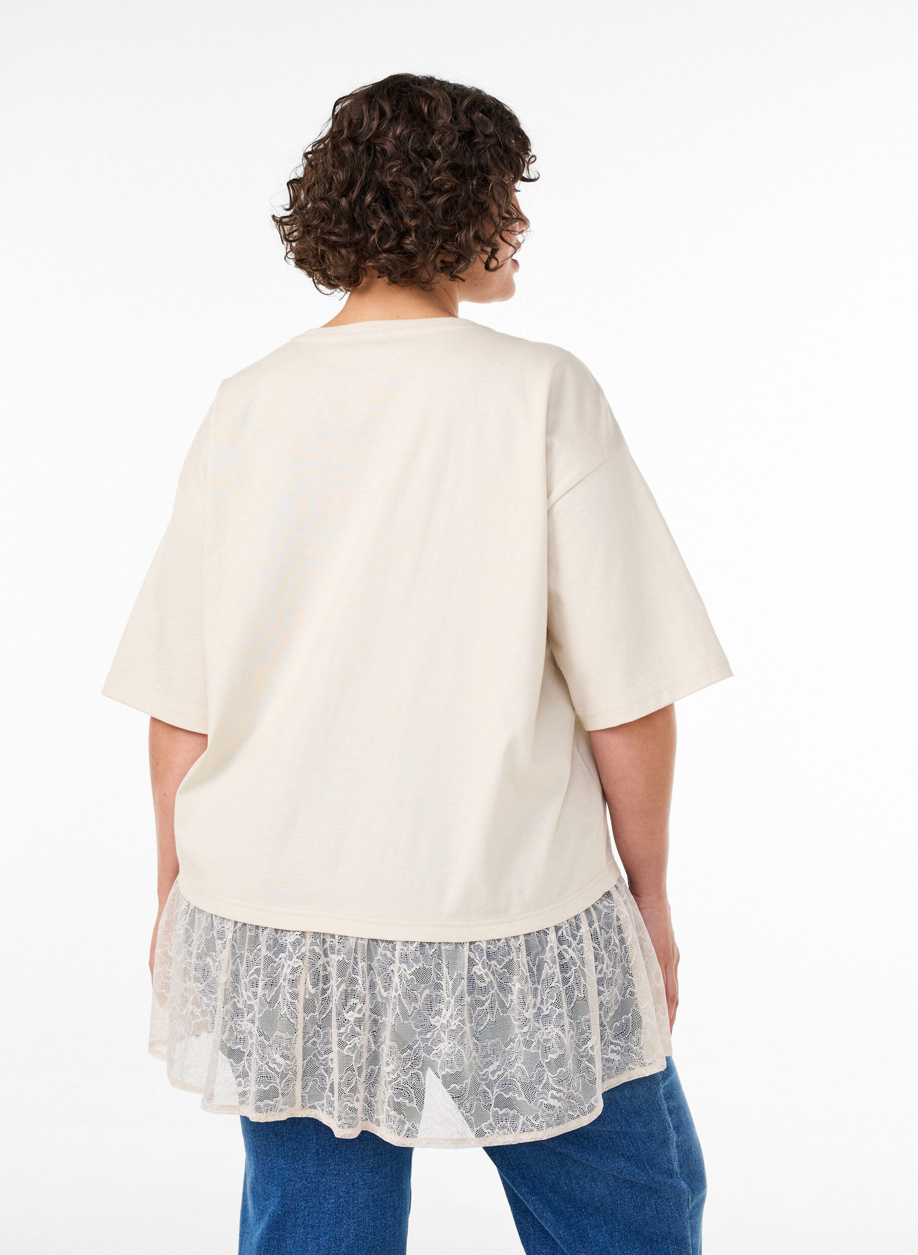 ZizziLos T-shirt met brede kanten rand, Vanille, Model image number 2