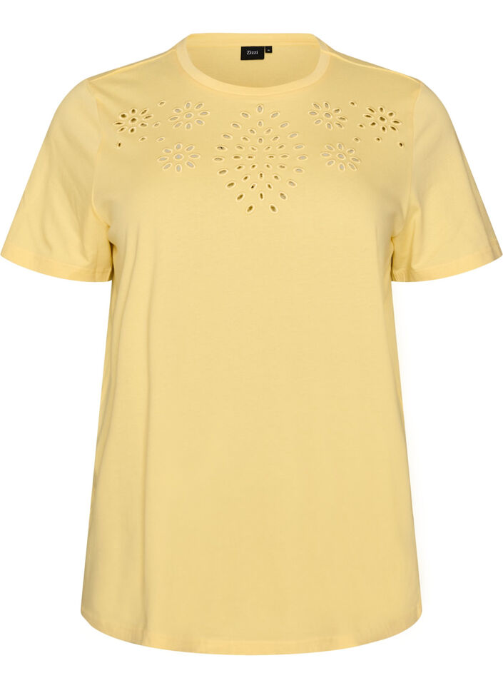 T-shirt van biologisch katoen met open broderie, Geel, Packshot image number 0