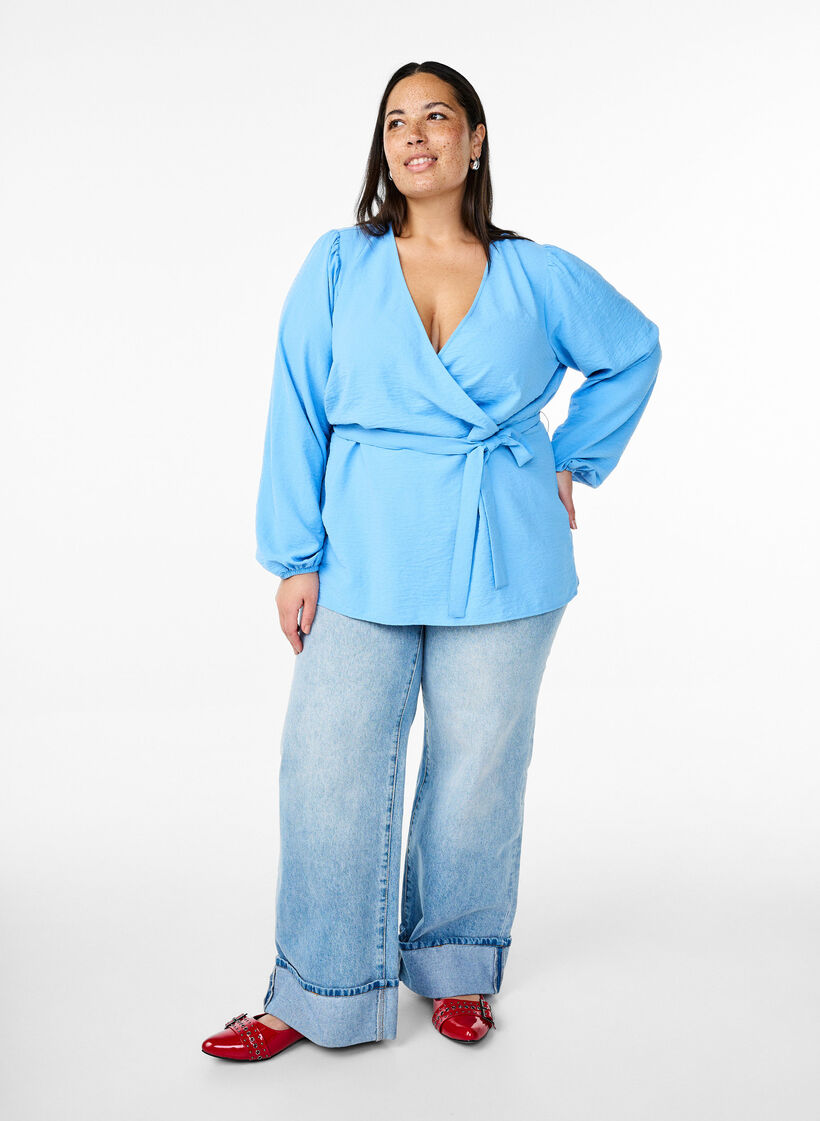 Omslagblouse met lange mouwen en striksluiting, Della Robbia Blue, Model