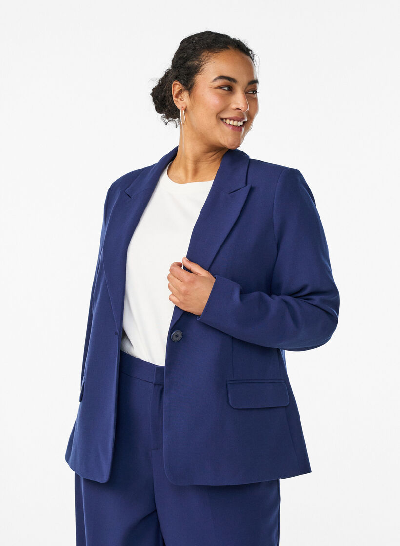 Klassieke blazer met knoopsluiting en zakken, Blauw, Model image number 0