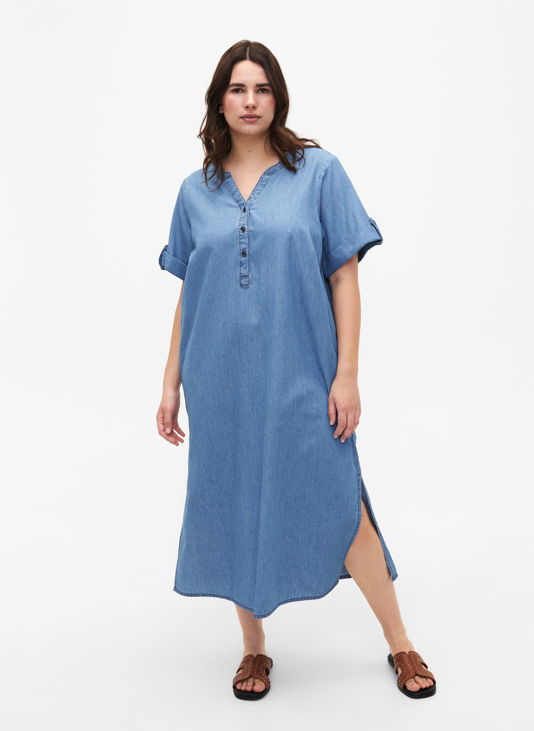Robe en jean avec fente et manches courtes, Blue denim, Model