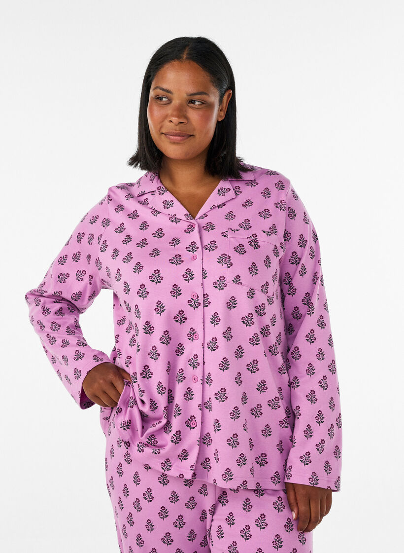 Katoenen pyjamashirt met borstzak, Roze, Model image number 0