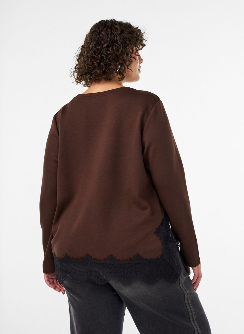 Jersey blouse met kanten rand, Bruin, Model image number 2