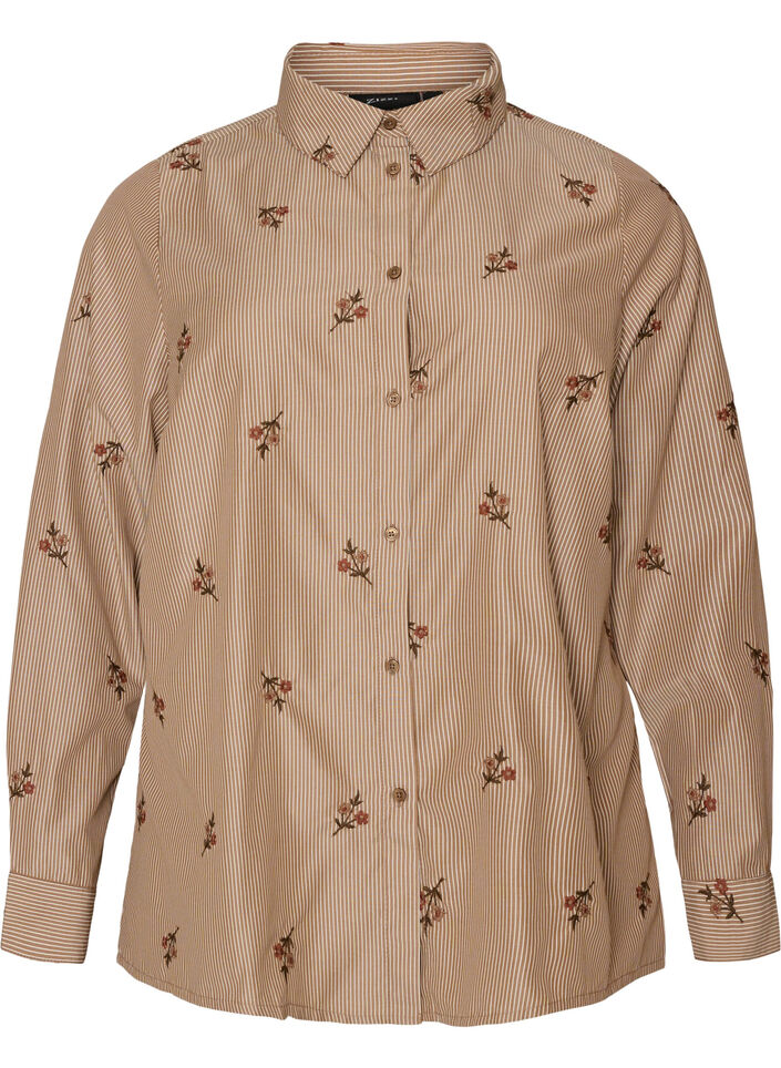 Gestreept shirt met geborduurde bloemen, Bruin, Packshot image number 0