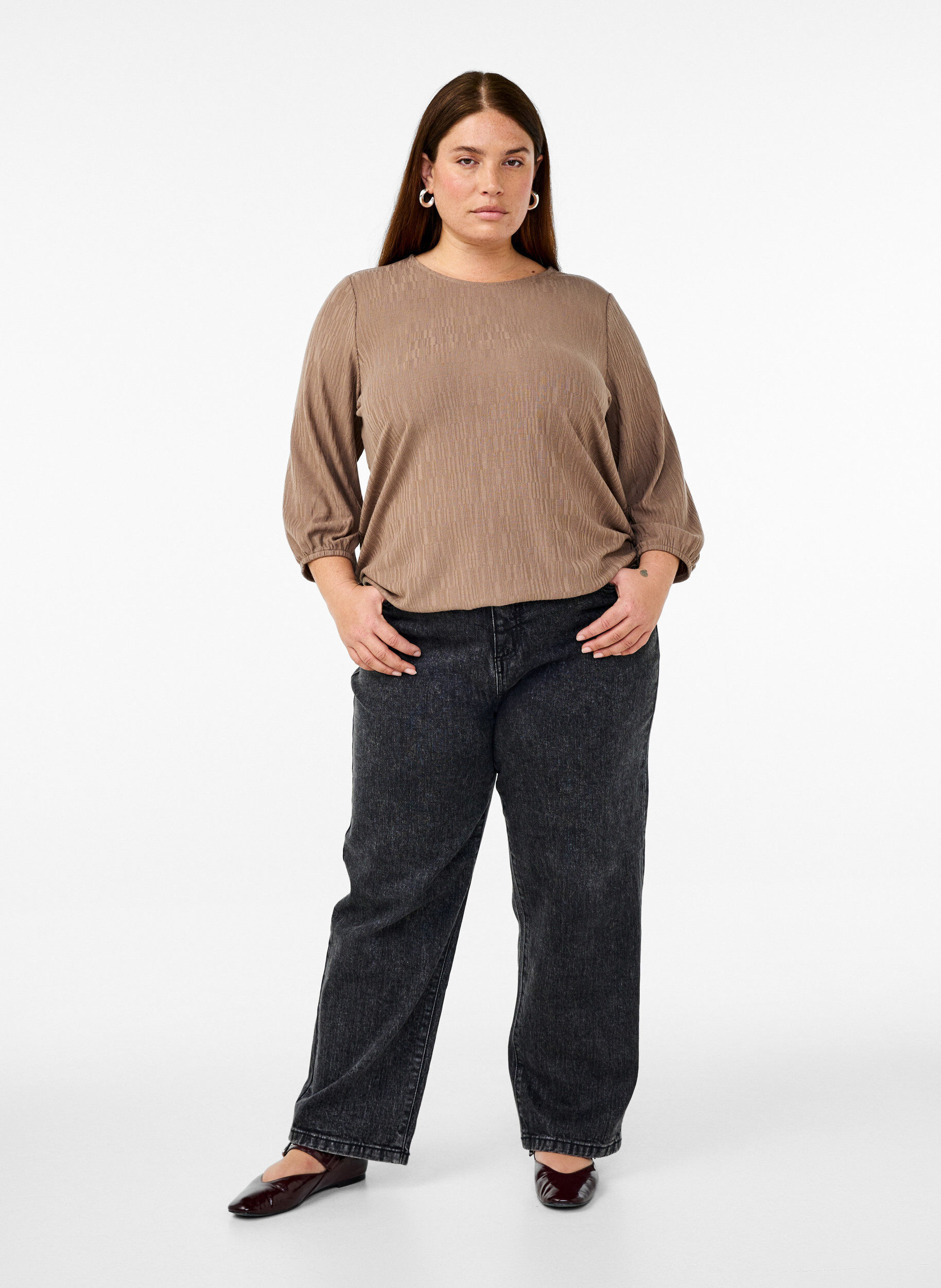 ZizziBlouse met textuur en 3/4 mouwen, Bruin, Model image number 1