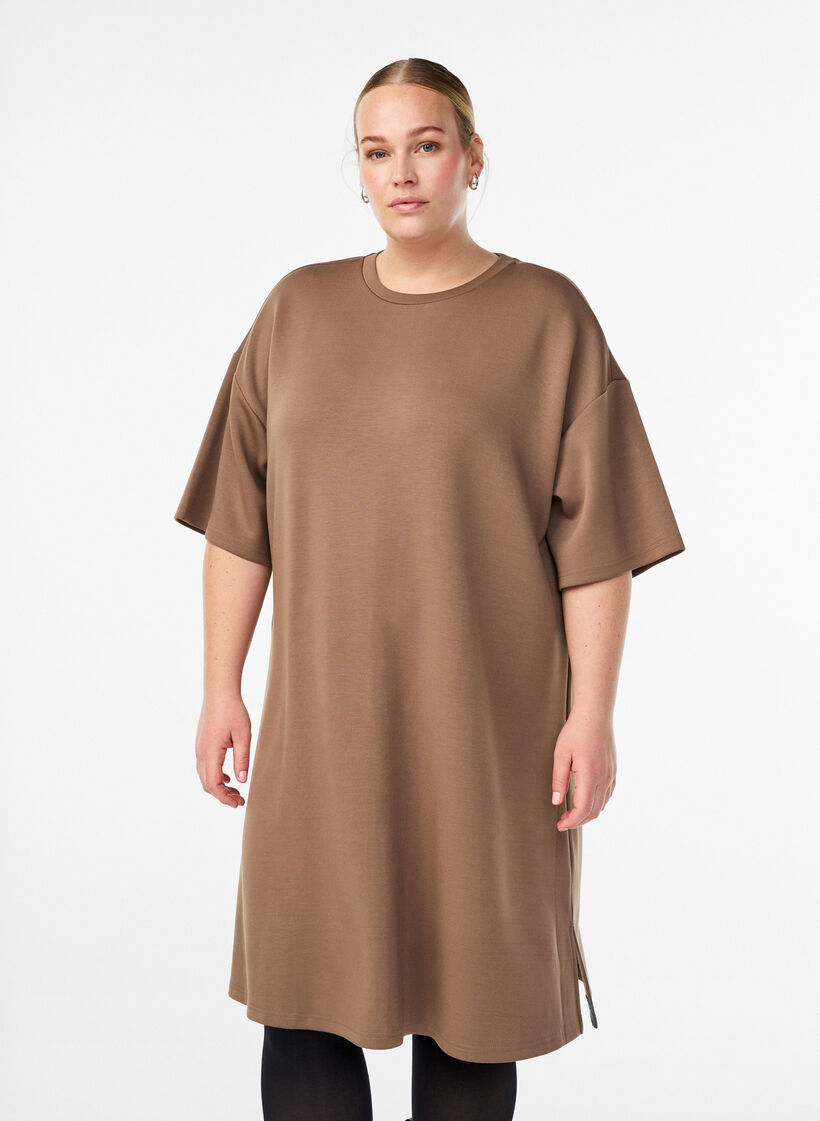 T-shirtjurk van jersey met zijsplitten, Bruin, Model image number 0