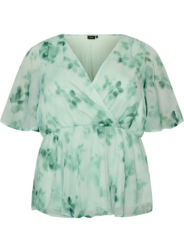 Bloemen chiffon blouse met korte mouwen, Groen, Packshot image number 0