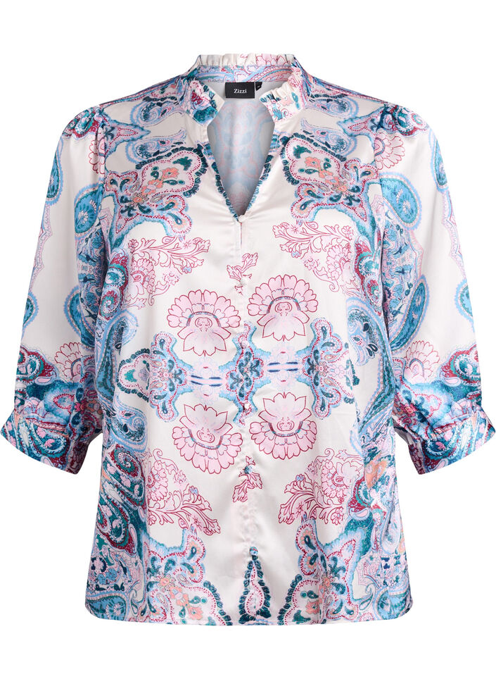 Blouse met satijn-look en paisleyprint met 3/4 mouwen, Blauw, Packshot image number 0